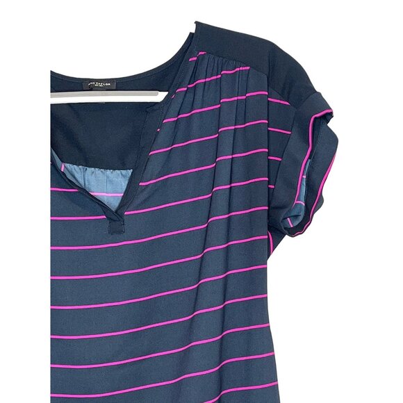 Ann Taylor Striped Blouse Size M Navy Pink Elastic Hem Cap Sleeve Top - Picture 6 of 12